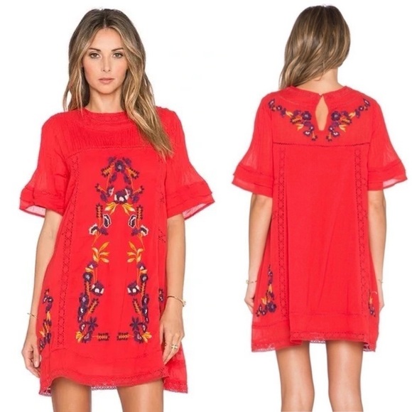 FREE PEOPLE Perfectly Victorian Embroidered Mini Shift Dress Tomato Red Size M